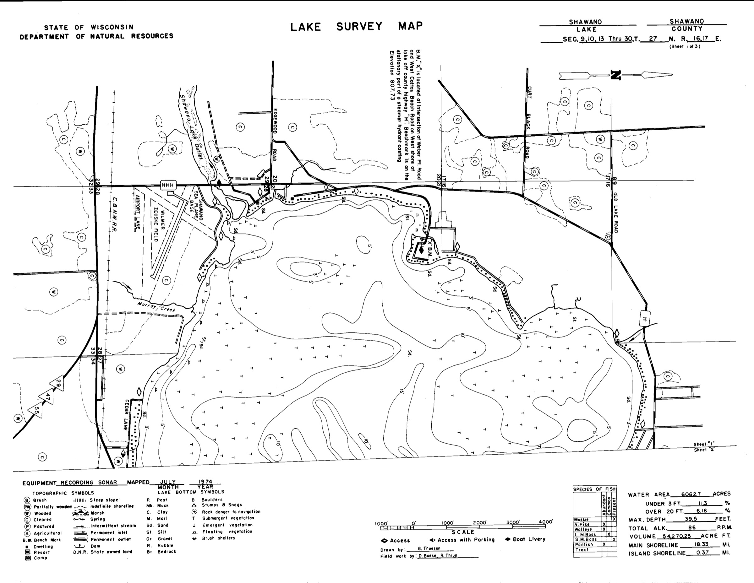 Wisconsin DNR lake survey map of Shawano Lake, sheet 1 of 3: the west end, the outlet, murray creek and the seaplane base.