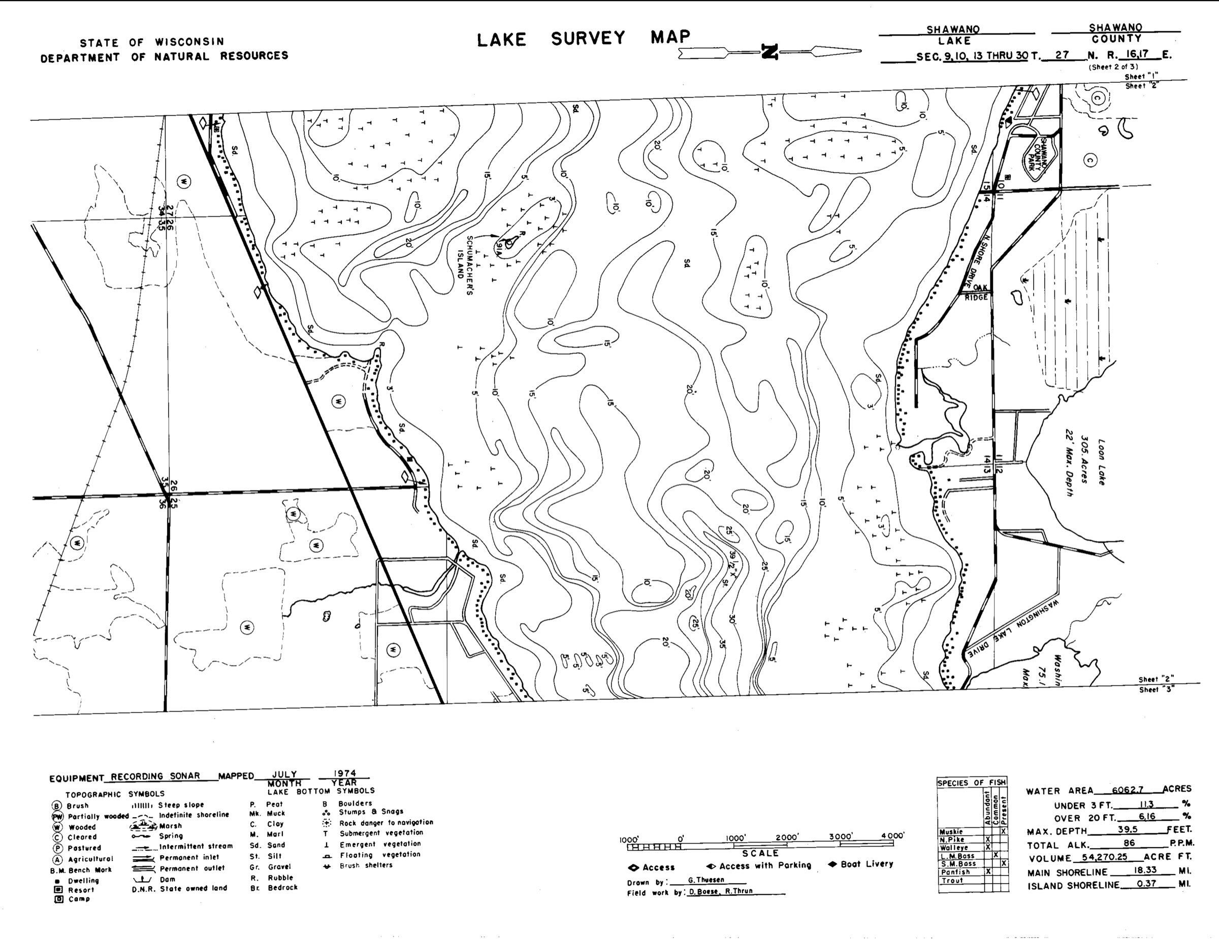 Wisconsin DNR lake survey map of Shawano Lake, sheet 2 of 3: the middle basin and the deep water.